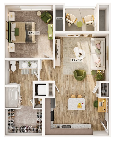 A floor plan of a small apartment with a bedroom, living room, kitchen, and bathroom.